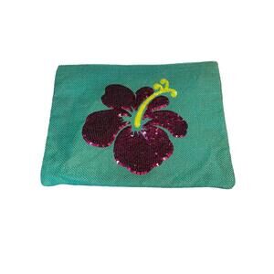 Mud Pie Turquoise Jute Zippered Pouch/Cosmetic Bag/Clutch Pink Sequin Hibiscus